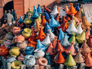 Colorful clay Tajine for cooking traditional moroccan food.