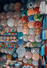Colorful plates outside of a shop in Marrakech, Morocco