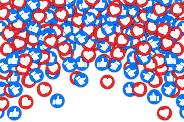 Social buttons thumb up like and red heart background. Social media likes falling background for advertisement, promotion, marketing, internet, SMM, CEO – for stock