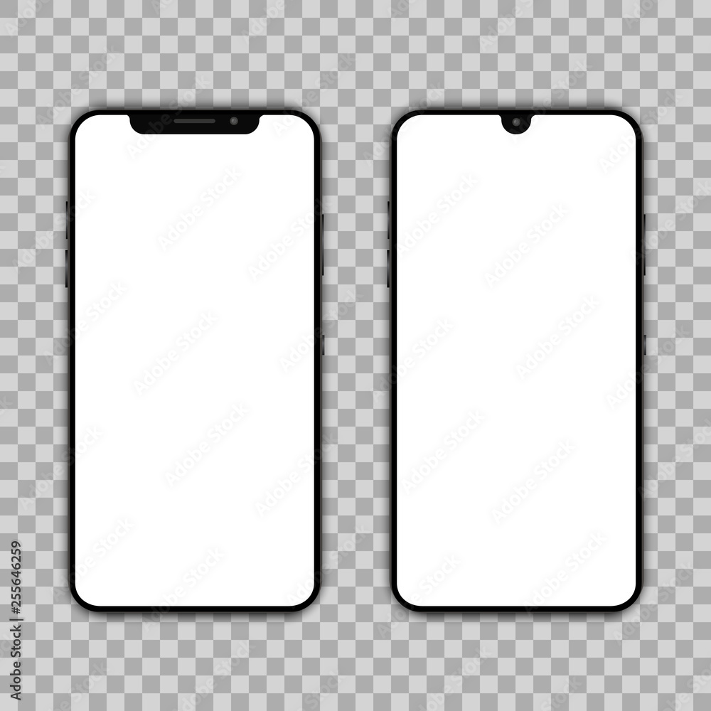 Poster two black smartphone with empty touch screen, new model - stock vector