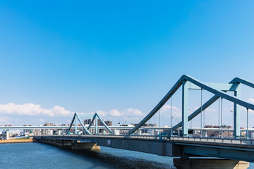 (東京都-都市風景)荒川岸から望む葛西橋と首都高速３