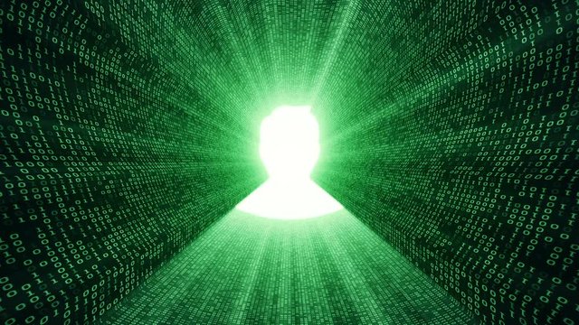 Abstract background with digital tunnel from binary code symbols 1 and 0 as technological sign with shine and light beams. Animation of seamless loop.