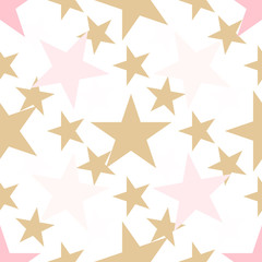 Seamless pattern with gold, pink stars on white background. Festive wrap, background. Vector illustration.