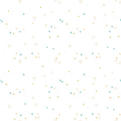 Pastel blue, beige, gold messy seamless pattern with triangles on white. Abstract chaotic geometric. Triangular geometrical background. Infinity geometric pattern. Vector illustration.