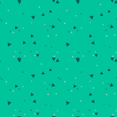 Colorful messy seamless pattern with white, blue, gray triangles on green. Abstract chaotic geometric. Triangular geometrical background. Infinity geometric pattern. Vector illustration.