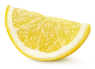 Ripe slice of yellow lemon citrus fruit isolated on white background with clipping path. Full depth...