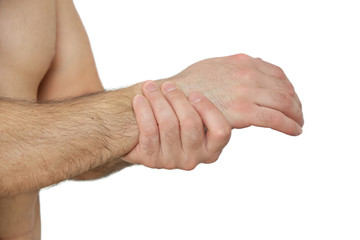 Wrist injury, man with Carpal tunnel syndrome symptom
