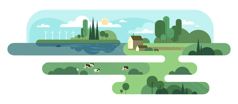 Summer rural background with cows and windmills. Vector illustration.