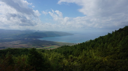Mediterranean sea landscape, blue sea and green forest on the island