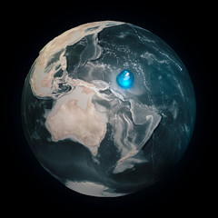 Map of the world without water. All the water on Earth in one place. Water sphere. Climate change, global warming. Physical world. 3d rendering