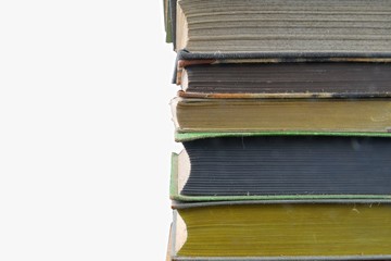 Stack of hardcover vintage books isolated with copy space. White background