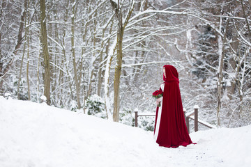 Stunning bride standing in snow covered woods with red cape