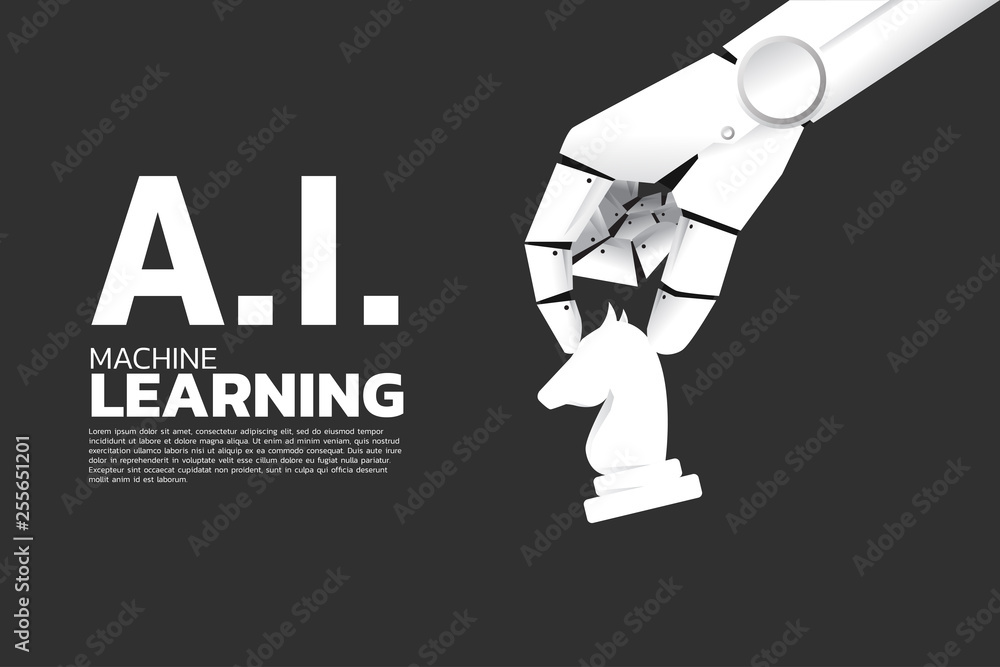 Poster Robot hand move chess on board. Business concept for machine learning and a.i artificial intelligence