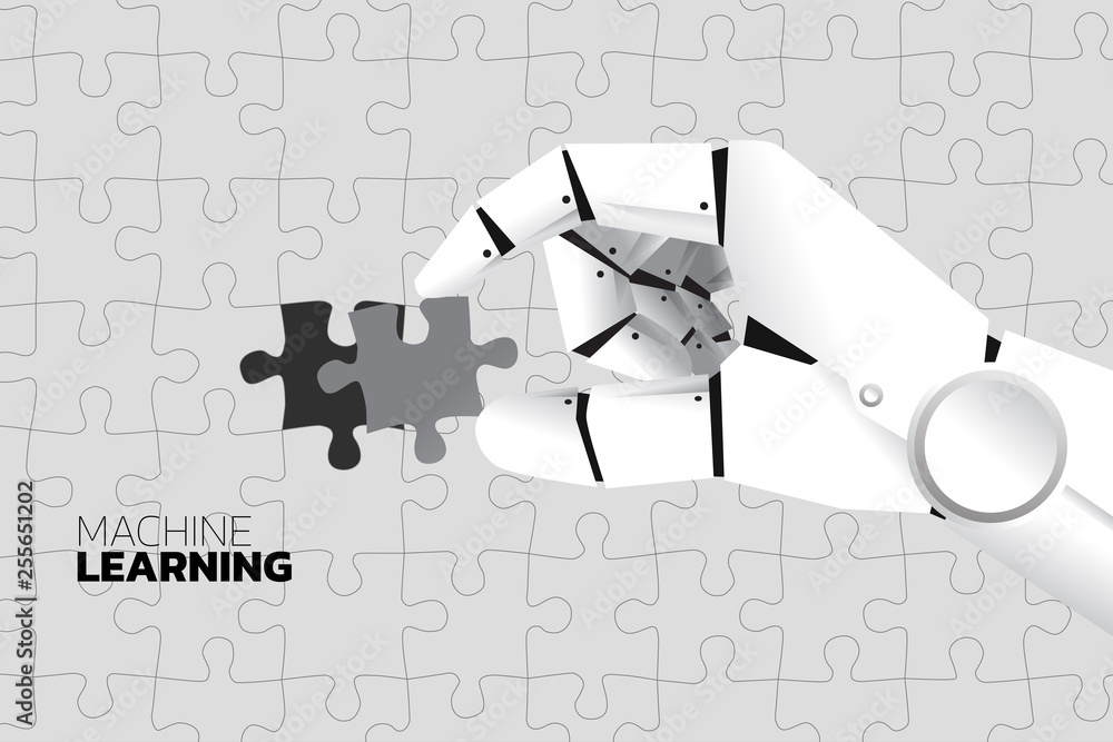 Poster robot hand put the last jigsaw to complete. business concept for machine learning and a.i artificial