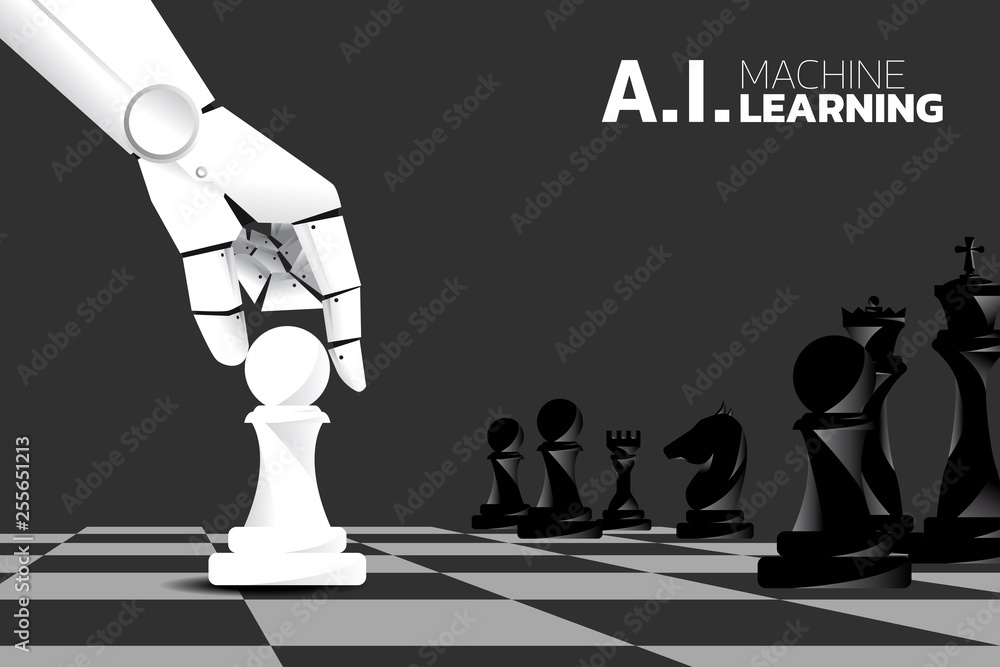 Poster Robot hand move chess piece on board game. Business concept for machine learning , a.i artificial intelligence and disruption