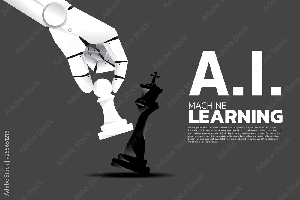 Poster robot hand move pawn chess to checkmate king. business concept for machine learning and a.i artifici
