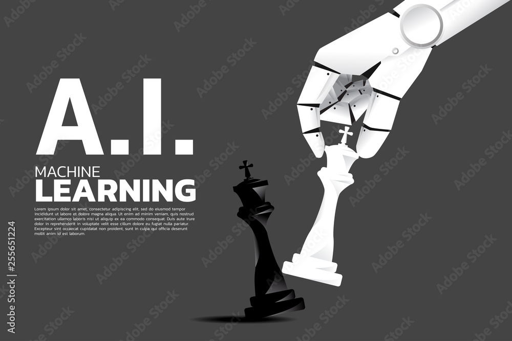 Aufkleber Robot hand move chess piece to checkmate king. Business concept for machine learning , a.i artificial intelligence and disruption.