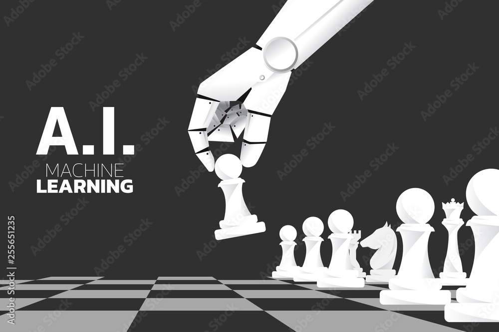 Poster Robot hand move chess piece on board game. Business concept for machine learning and a.i artificial intelligence