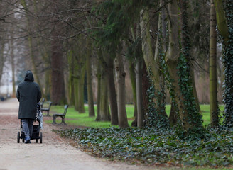 man with a pram in the park,newborn, sleepyhead, trolley on 4 wheels, young dad, dad, single father, super dad, no mom, cool dad, lonely in the park