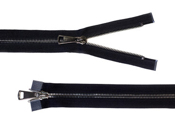 two black sewing zippers. One zipper unzipped