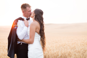 attractive couple kissing at sunset in wheat field