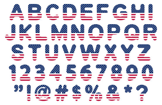 rounded usa flag font, letters, numbers, symbols and signs, stock vector illustration clip art
