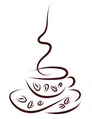 Sketchy cup of hot coffee and coffee beans on white background. Element vector pattern. Hand-drawn prints. Logo, pictogram, graphic design element.