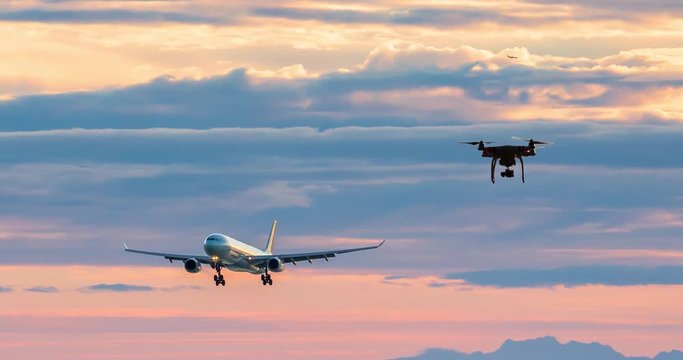 An animation of a aircraft on approach to an airport with a drone flying towards the aircraft.
