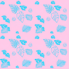 Tropical green leaves seamless pattern pink background. Exotic wallpaper