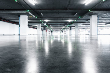 Empty Car Parking Lot in Underground Floor, Vehicle Park in Department Store.