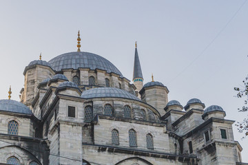 Fototapeta na wymiar Exterior of New Mosuqe against blue sky in Istanbul, Turkey