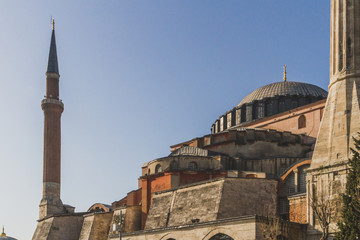 Fototapeta na wymiar Exterior of Hagia Sophia against blue sky in Istanbul, Turkey