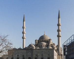 Fototapeta na wymiar Exterior of New Mosuqe against blue sky in Istanbul, Turkey