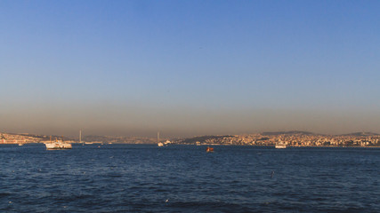Bosphorus Strait and houses on hills in Istanbul, Turkey