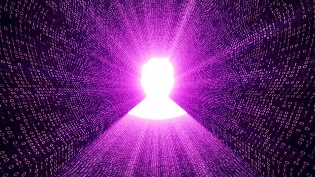 Abstract background with digital tunnel from binary code symbols 1 and 0 as technological sign with shine and light beams. Animation of seamless loop.