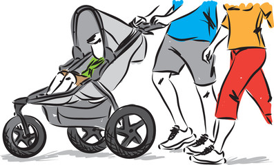 baby in stroller with parents vector illustration
