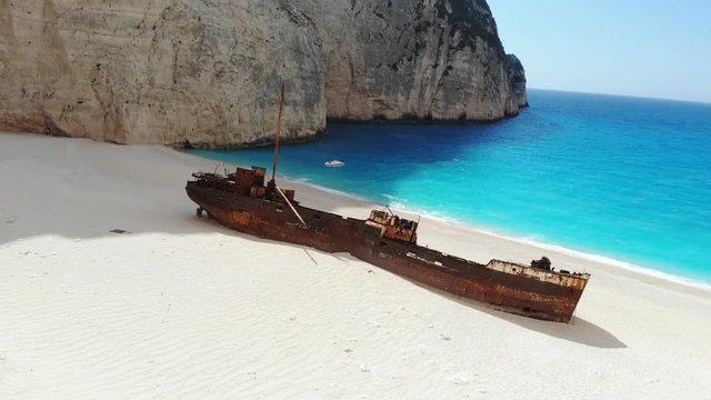 Aerial view of shipwreck on Navagio Beach known as Smugglers Cove, Zakynthos, Greece