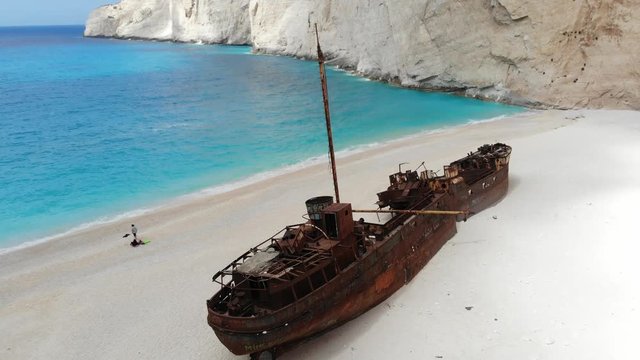 Aerial view of famous tourist beach in Greece with shipwreck