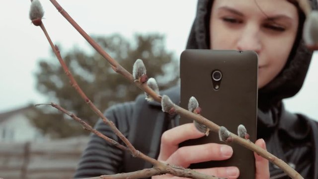 Closeup young attractive hipster girl in hoodie taking photo of pussy willows outdoor