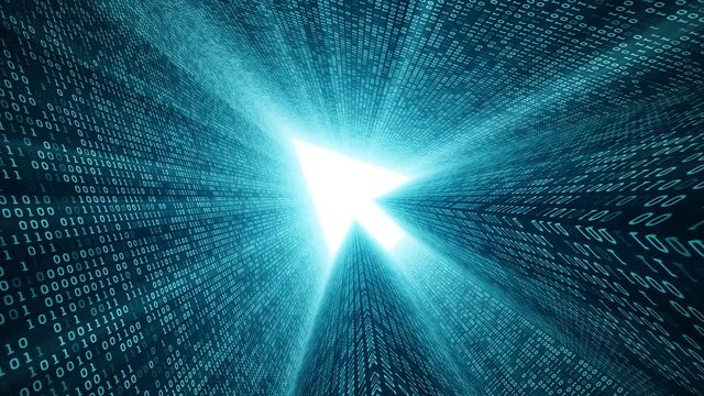 Abstract background with digital tunnel from binary code symbols 1 and 0 as technological sign with shine and light beams. Animation of seamless loop.