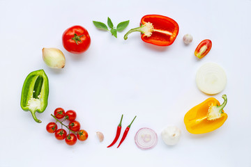 Various fresh vegetables and herbs on white background. Healthy eating concept