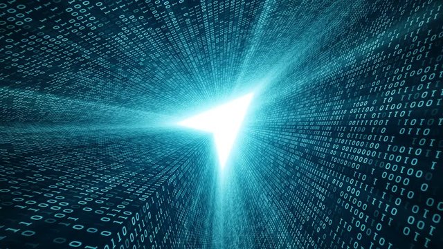 Abstract background with digital tunnel from binary code symbols 1 and 0 as technological sign with shine and light beams. Animation of seamless loop.