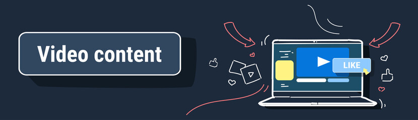 social media marketing feedback video sharing and marketing content blogging concept laptop screen digital technology sketch doodle horizontal banner © mast3r