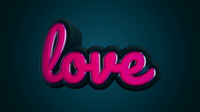 Abstract animation of 3d pink glossy Love lettering on a blue dark background. Love concept.