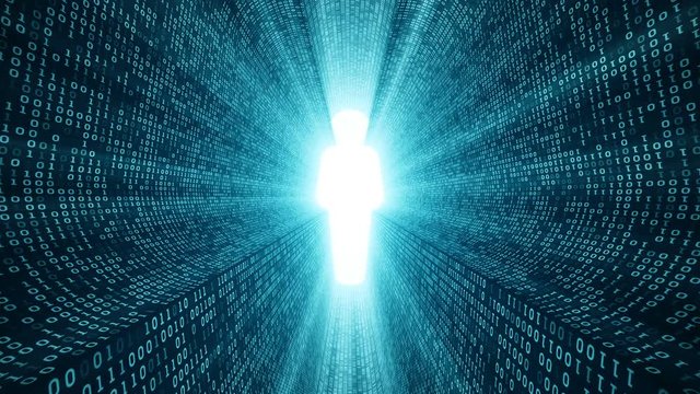 Abstract background with digital tunnel from binary code symbols 1 and 0 as technological sign with shine and light beams. Animation of seamless loop.