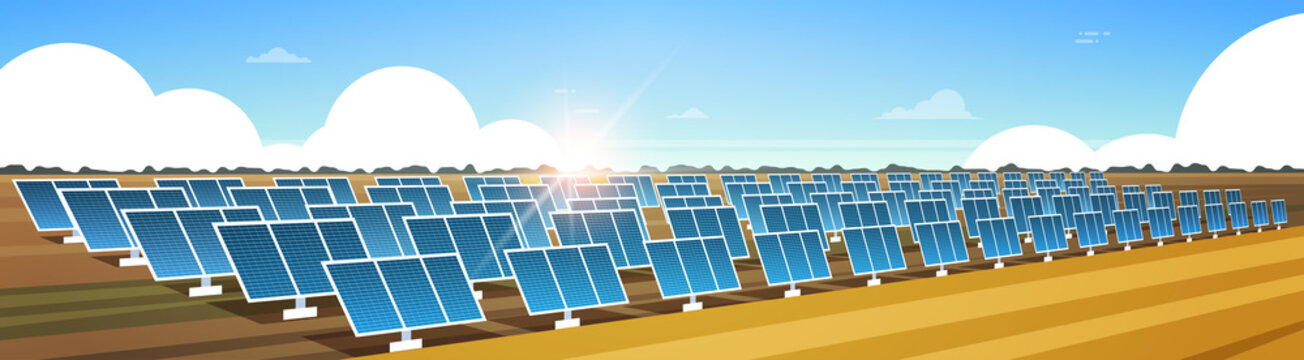 Solar Energy Panel Fields Renewable Station Alternative Electricity Source Concept Photovoltaic District Sunrise Landscape Background Horizontal Banner Flat