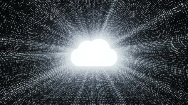 Abstract background with digital tunnel from binary code symbols 1 and 0 as technological sign with shine and light beams. Animation of seamless loop.