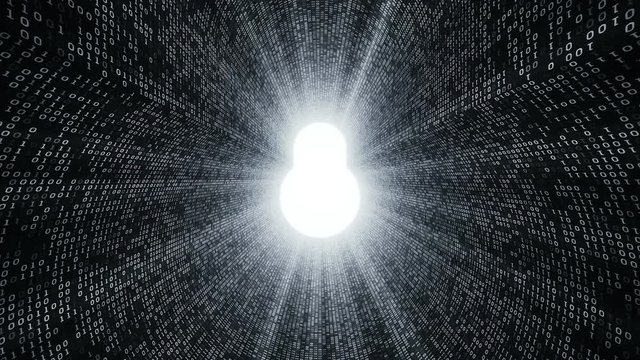 Abstract background with digital tunnel from binary code symbols 1 and 0 as technological sign with shine and light beams. Animation of seamless loop.