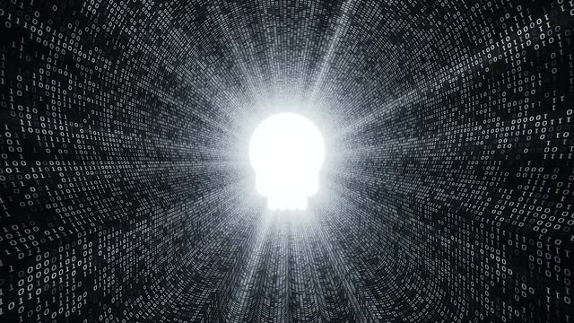 Abstract background with digital tunnel from binary code symbols 1 and 0 as technological sign with shine and light beams. Animation of seamless loop.