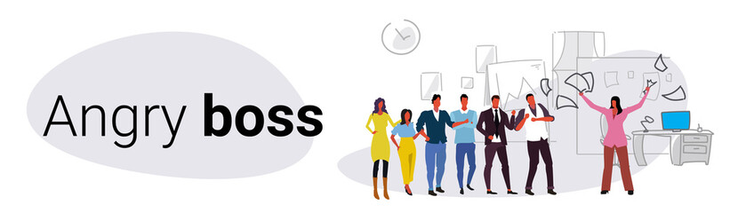 unsatisfied woman boss throwing paper documents screaming on frustrated workers bad job concept angry employer shouting employees office interior sketch horizontal banner